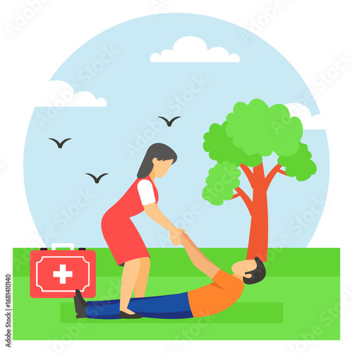 rescuer girl helping the stabilizing Patient After Fall concept, Woman Helping Man Sit Upright vector design, first aid people scene, Medical emergency banner, Saving Lives services illustration