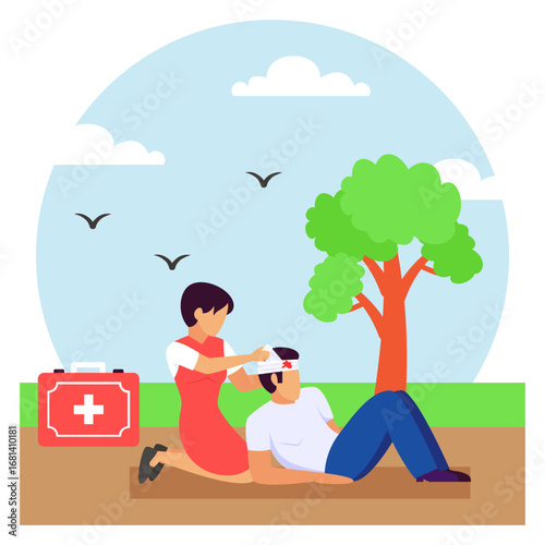 woman provide traumatic intracranial brain injury support concept,Emergency Care for TBI vector design, first aid people scene, Medical emergency banner, Saving Lives services illustration