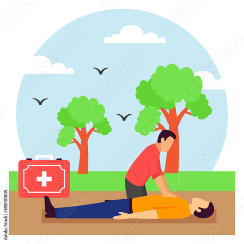rescuer performing chest compressions to man lying on ground concept, response during cardiac arrest vector design, first aid people scene, Medical emergency banner, Saving Lives services illustration