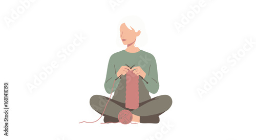 Woman Sitting Cross-Legged and Knitting with Pink Yarn in a Minimalist Style, Relaxing and Creative Hobby for Leisure, Crafting, Knitting Enthusiasts and Art Lovers, Modern Illustration