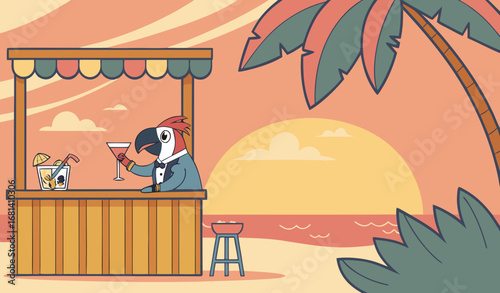 "A parrot bartender making colorful cocktails at a tropical beach bar, sunset lighting, photorealistic and fun vacation stock photo style."