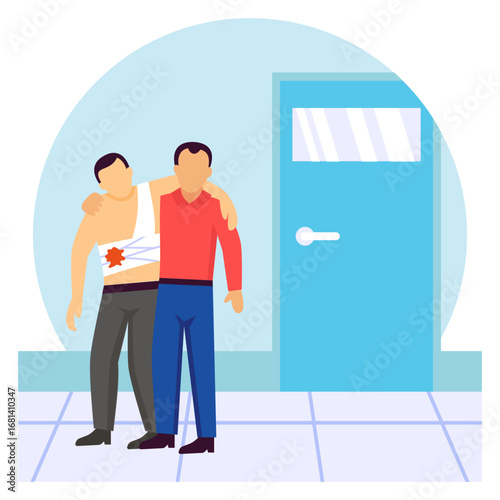 Friend in Need while suffering from injury concept, Two person rush to hospital immediate treatment vector design, first aid people scene, Medical emergency banner, Saving Lives illustration