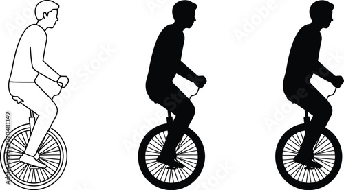 Man riding unicycle in outline and silhouette vector illustration