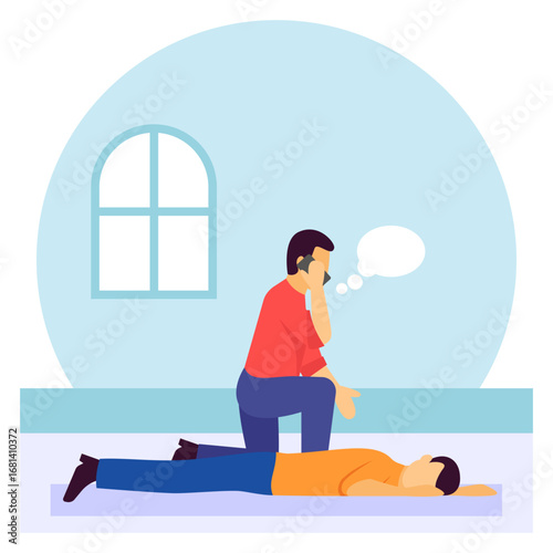 Person Contacting EMS in critical situation concept, patient lying on their back rescuer pressing chest vector design, first aid people scene, Medical emergency banner, Saving Lives services stock