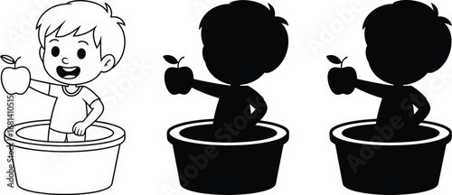 Cartoon boy holding an apple in a tub with silhouette versions