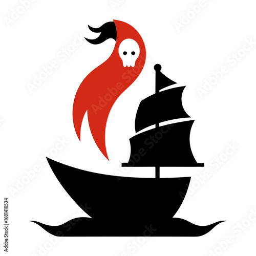 Pirate ship with skull and red flame