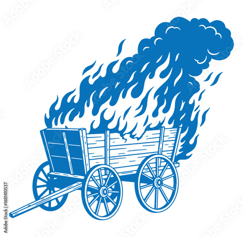 Blue cartoon illustration of a burning wooden wagon with flaming flames and white background