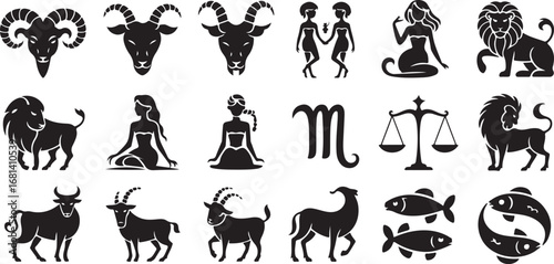 Collection of Twelve Black Zodiac Symbols and Constellations on White Background astrology horoscope