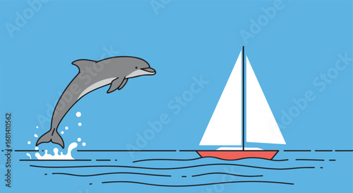 Dolphin Jumping Beside Sailboat in Ocean