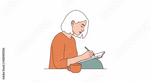Young Woman with Short White Hair Writing in a Notebook While Sitting on the Floor, Casual Style, Reflective Mood, Minimalist Illustration for Creative, Educational, or Self-Development Themes