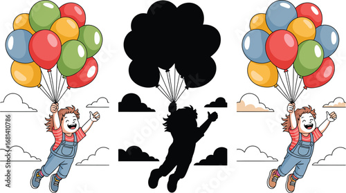 Happy child flying with balloons in the sky with clouds around
