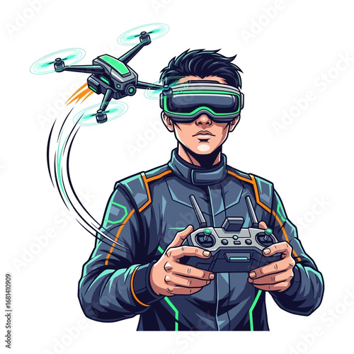 Drone Pilot in Virtual Reality: A cutting-edge illustration depicts a focused individual engrossed in controlling a drone through virtual reality, with advanced technology and futuristic concept.