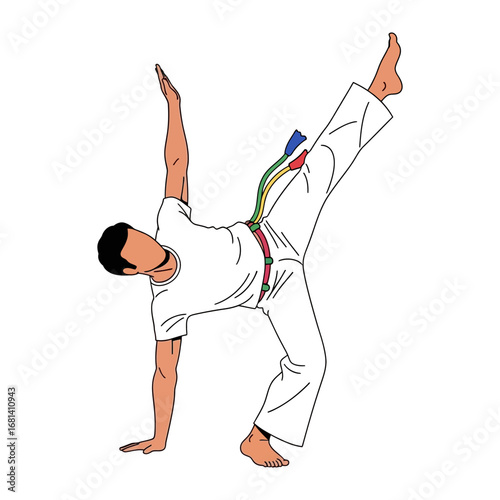 Dynamic Capoeira Movement: A single Capoeira artist executes a dynamic movement in this bold illustration, capturing the dance, martial art's essence in a vibrant, active pose.
