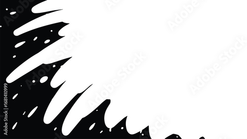 Abstract vector illustration of bold irregular white brush strokes spreading out from the corner against a black background, dynamic and striking.