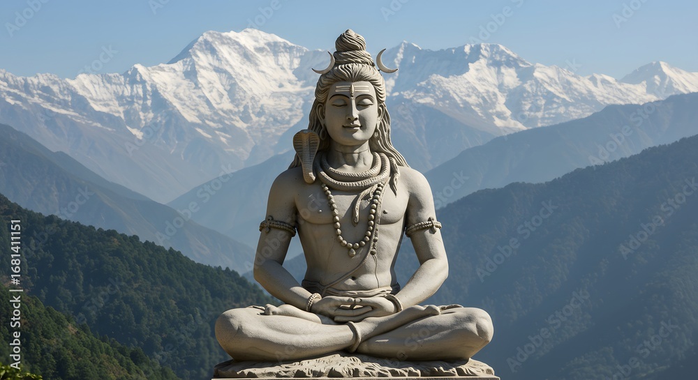 Fototapeta premium Meditating Stone Sculpture Against Snowy Mountain Landscape