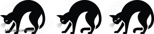 Three black cats arched back ready for halloween illustration