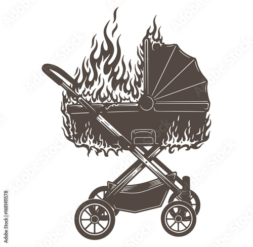 Burning baby stroller symbolizing chaos destruction and dangerous parenting concepts