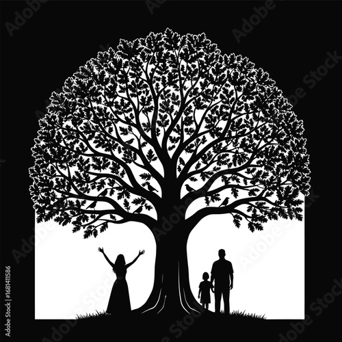 Family standing under large tree silhouette symbolizing life, growth, nature, unity, peace, and generations in vector black artwork.
