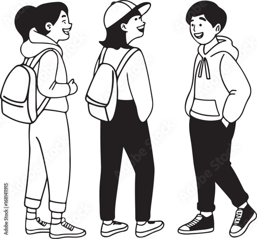 Vector artwork of young students happily talking and bonding together in a friendly outdoor school scene.