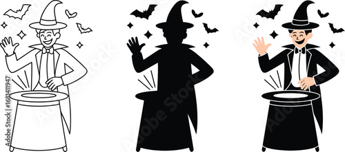 Magician performing a magic trick with hat bats and stars