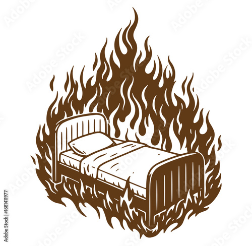 Burning bed illustration representing destruction or chaos with a vintage style graphic design