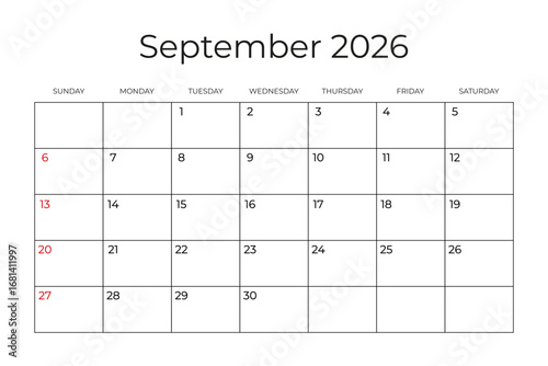 Printable Monthly Calendar template for September 2026. Week Starts on SUNDAY. Wall Calendar in a Minimalist Style. Simple and clean design. Ready to print. Vector illustration