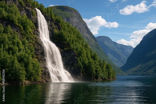 Water stream descending over the scenic fjord