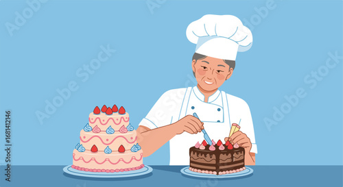 Chef Decorating Cakes on Table