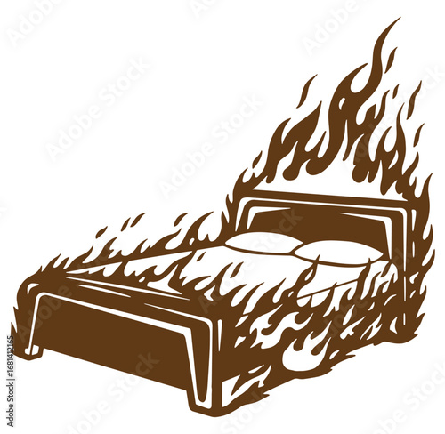 Burning bed silhouette vector illustration depicting crisis conflict danger and destruction
