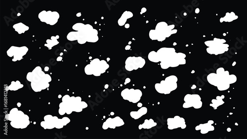 Black background with soft white clouds of different shapes. Light airy decorative pattern creating dreamy and atmospheric texture.