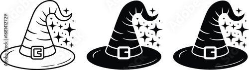 Three witch hats with buckles and stars