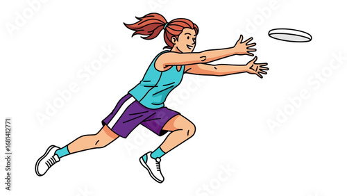 Ultimate Frisbee Catch: A young woman leaps in mid-air, stretching to catch a flying disc during a high-energy game of ultimate frisbee. Illustrating athleticism and active sport.