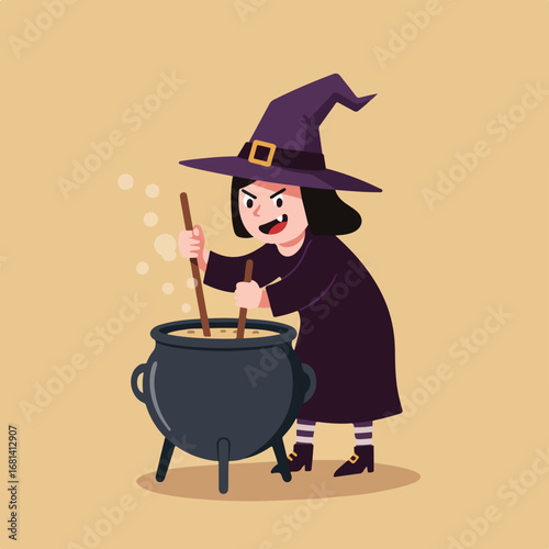 Witch Stirring Brew in Cauldron