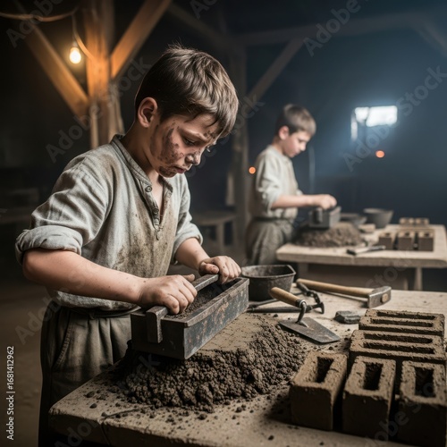 Young boys engaged in laborious brick making in a dimly lit workshop