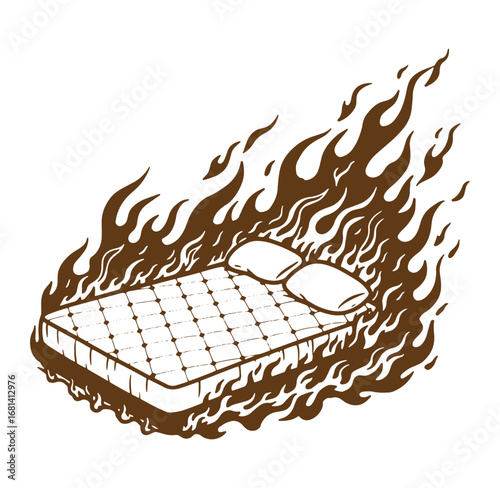 Burning mattress illustration depicting insomnia poor sleep quality or destroyed comfort