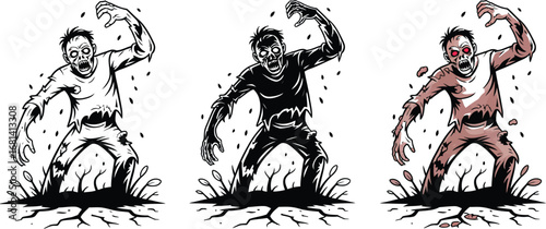 Three zombie illustrations in different styles