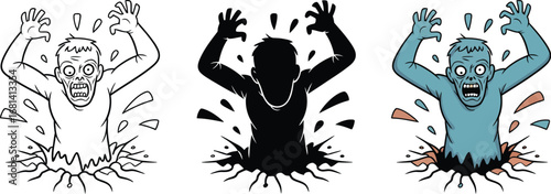 Cartoon zombie rising from the ground in three different styles