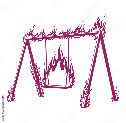 Burning swing set illustration with flames in monochromatic purple on a white background
