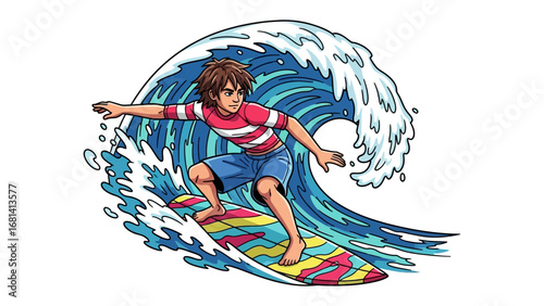 Surfing the Momentum: Energetic surfer rides the crest of a colossal wave. The image conveys a sense of dynamic movement and exhilaration, highlighting the surfer's skill and the power of the ocean. 