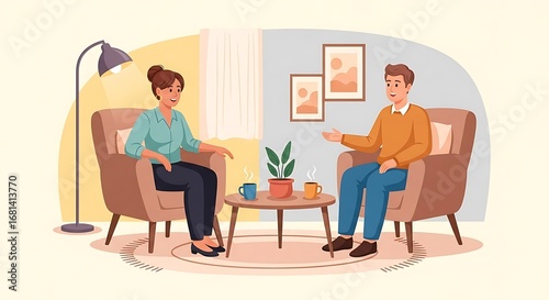 Mental Health Counseling Session Illustration: Man Discussing Problems with Female Therapist in a Calm Office Setting