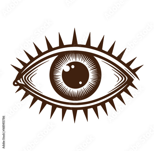 Detailed illustration of a brown eye with lashes representing vision and spirituality isolated