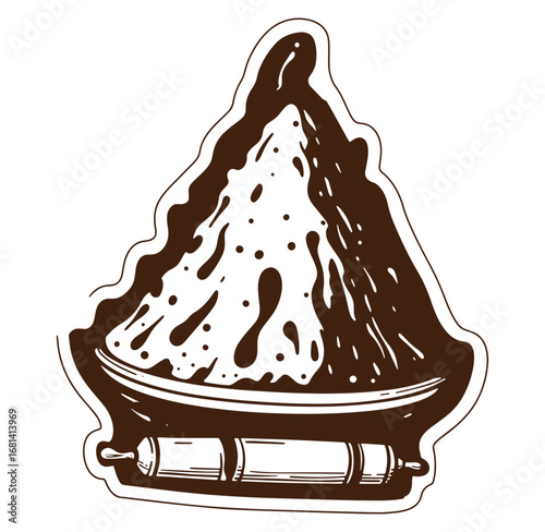 Detailed vector illustration depicting baking scene with dough bowl rolling pin and artistic splatter.