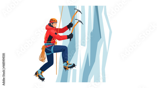 Conquering Ice Wall: A determined ice climber skillfully scales a formidable ice wall using ice axes and safety ropes, showcasing courage and adventure.