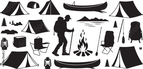 Black Silhouette Camping Scene With Hiker Canoe Fire And Tents backpacker
