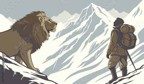 A Lion wearing hiking gear and a backpack, standing at the top of a snowy mountain, cinematic epic scenery, photorealistic and adventurous.