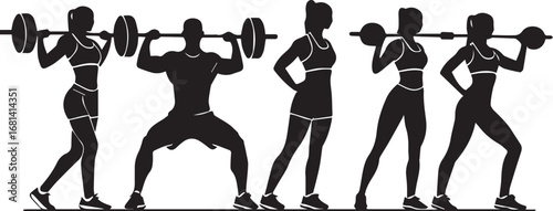 Silhouette of People Weightlifting and Exercising Diverse Fitness Group Black and White Gym Motivation