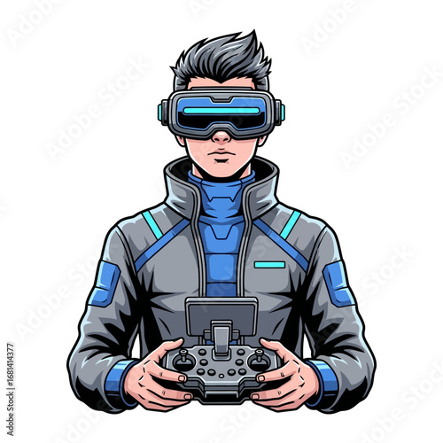 Gamer Immersed in Virtual Reality: A futuristic illustration showcases a gamer fully immersed in virtual reality, eyes focused on a digital world while gripping a gamepad with anticipation. 