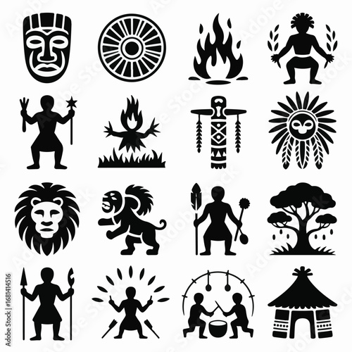 Black icons depicting African tribal culture and symbols mask fire
