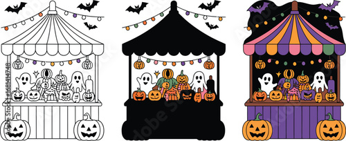 Halloween market stall with pumpkins and ghosts in three styles