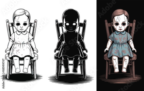 Three creepy doll illustrations sitting on chairs in different styles